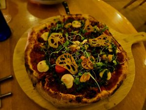 vegan pizza - comes with the gluten free base by default, I asked for the regular base and they made it for me. Probably one of the best pizzas I've ever had at The Green Spot in Barcelona