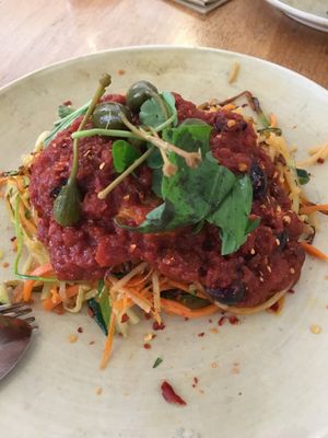 Veggie spaghetti with capers at The Green Spot in Barcelona