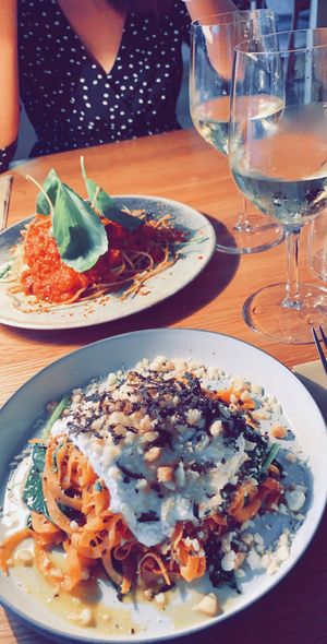 sweet potato pasta with truffle macadamia nut souce  at The Green Spot in Barcelona