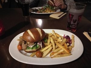 Oumph burger with normal fries at Sävel in Helsinki