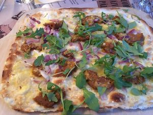 Vegan seitan flambee at Sävel in Helsinki