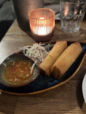 Homemade Vegan Spring Rolls with sweet chili sauce  at Monsun Noodlebar in Oslo