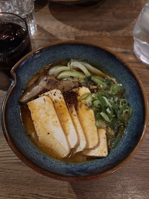 Spicy Vegan Ramen with noodles and tofu  at Monsun Noodlebar in Oslo