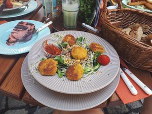 Falafel and salad with a dip at VLORA Cafe & Laden im Hof in Lutherstadt Wittenberg