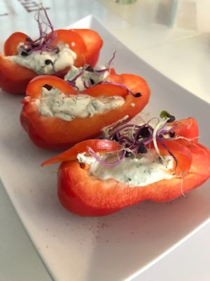 raw red pepper with cashew cheese - simple but really tasty at Rawdia in Brasov