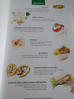 Menu appetizers at Rawdia in Brasov