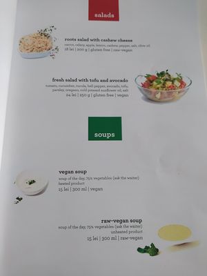 Menu salads and soups at Rawdia in Brasov