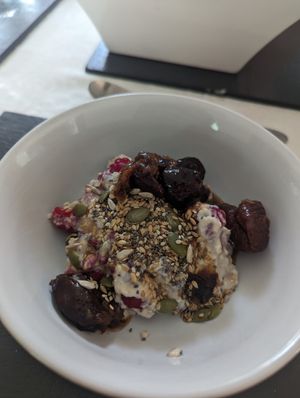 Homemade muesli with stewed fruit and seeds at Graianfryn Guest House in Penisar Waun