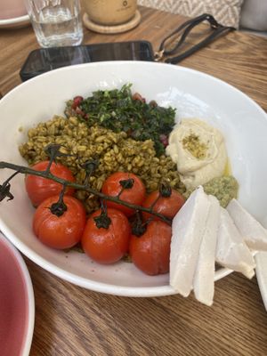 Freekah- lentils, tabbouleh, hummus  at Evergreen Organics in Doha