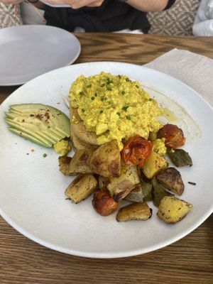 ‘Soy beans’ scrambled tofu in pancakes   at Evergreen Organics in Doha