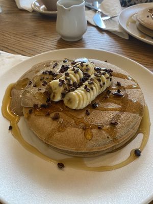 Banana buckwheat pancakes  at Evergreen Organics in Doha