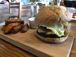 Cheezburger and sweet potato fries  at Evergreen Organics in Doha