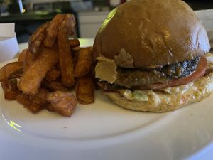 Buffalo Bella burger with sweet potato fries  at HipCityVeg - 7th St in Washington