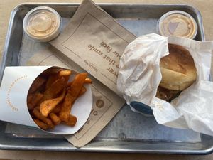 Aerial View of Lunch Buffalo Vegan Chick’n’ w/Fries  at HipCityVeg - 7th St in Washington