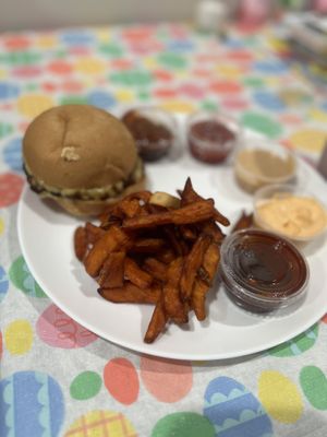 burger with sweet potato fries  at HipCityVeg - 7th St in Washington
