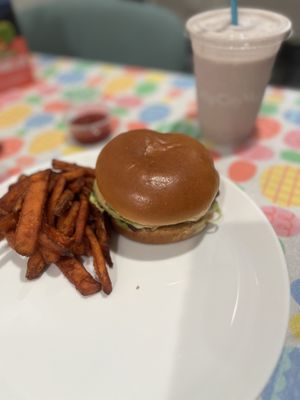 burger, sweet potato fries and milkshake  at HipCityVeg - 7th St in Washington
