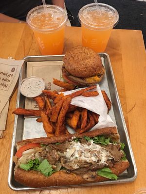 Philly Steak, sweet potato fries, and Ziggy Burger with Carrot Ginger Lemonade at HipCityVeg - 7th St in Washington