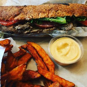 Vegan Philly Cheesesteak Sandwich with Sweet Potato Fries at HipCityVeg - 7th St in Washington