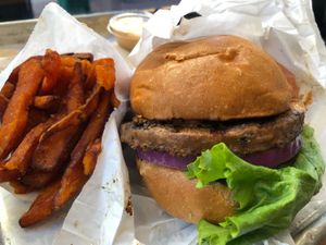 Burger and sweet potato chips  at HipCityVeg - 7th St in Washington