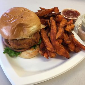 Buffalo Chick’n sandwich with sweet potato fries at HipCityVeg - 7th St in Washington