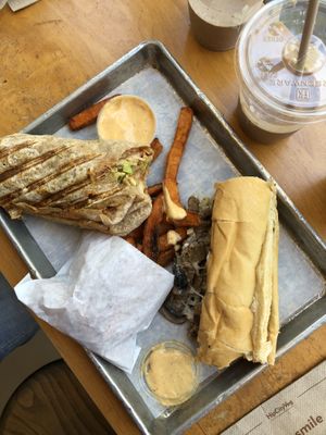 Fajita Wrap, Sweet Potato Fries w/Sriracha Aoli, and Philly Steak at HipCityVeg - 7th St in Washington