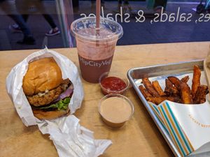 Chikn Ranch sandwich, chocolate cherry shake, sweet potato fries at HipCityVeg - 7th St in Washington