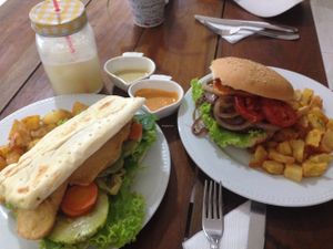 Mary Shelly panini and mike Tyson burger! at Casa Vegana in Santa Cruz