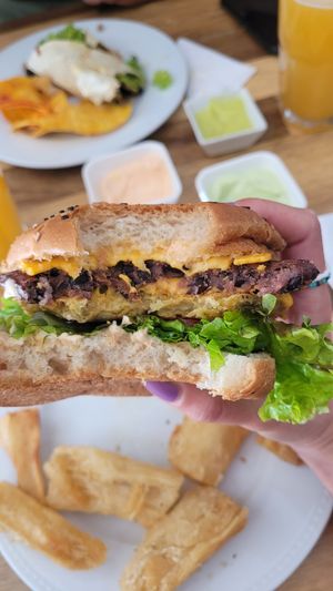 Burger with two different Pattys 😍 at Casa Vegana in Santa Cruz