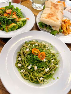 Pesto pasta (comes with separate bowl of salad) and panini  at Casa Vegana in Santa Cruz