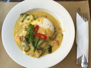 Coconut curry with mixed veg and seitan at Loving Hut in Rimini