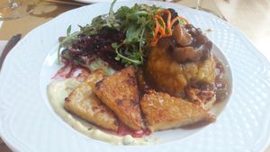 tempeh con tortino di patate dolci e funghi, maionese veg e insalata at Loving Hut in Rimini