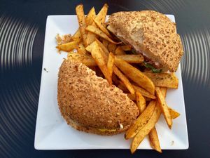 Vegan burger with fries. at Trivoli Vegan Kafeneio in Athens
