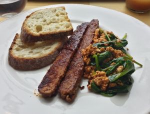 Tempeh bacon, tofu scrambled with spinach,  and sourdough toast at OliBea in Knoxville