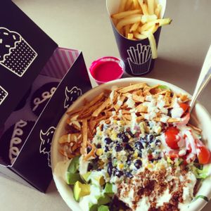 Quinoa Taco Salad, Original Fries, Beet Ketchup and Chlostess Cupcakes. It is all amazing! at By Chloe in Los Angeles