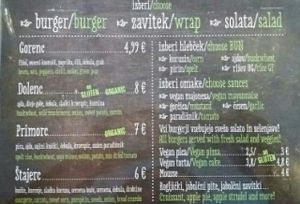 menu, 08'16 at Zaziv Vegan Bistro in Ljubljana