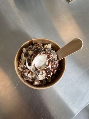 Cashew soft serve ice cream w nutella, roasted white chocolate and roasted almonds   at Minù in Lund