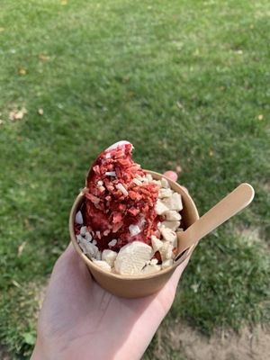 soft serve with blackberry sauce, white chocolate chunks and dried strawberries  at Minù in Lund