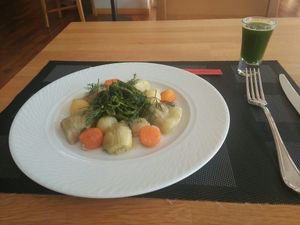 Cold artichoke with olive oil,  wheat grass shot at TheLifeCo Akra Antalya Wellbeing and Detox Center in Antalya