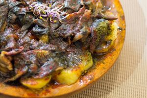 "Pulpo a la gallega". Octopus with potatoes and paprika. It's made with shiitake. at Yanten Veggie Bar in Madrid