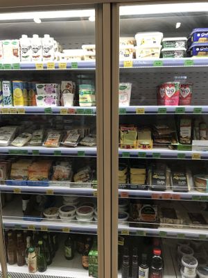 Vegan goods in the refrigerated section  at Newton Dee Store in Aberdeen