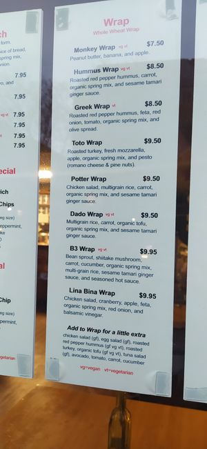 Wrap menu (VG=vegan) at Dado Tea in Cambridge