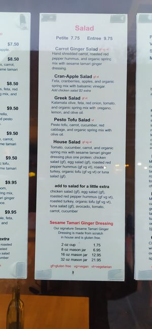 Salad menu (VG=vegan) at Dado Tea in Cambridge