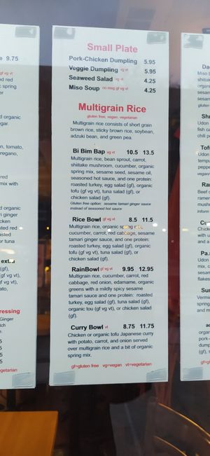 Bowl menu (VG=vegan) at Dado Tea in Cambridge