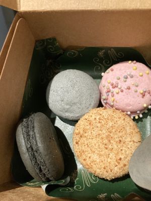 Macarons! Clockwise from top left: Earl Grey, strawberry milk, pumpkin cream, black currant at Confectionery! in New York City