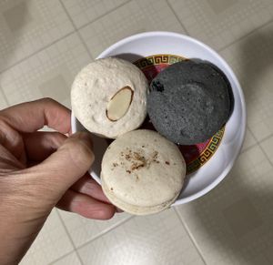 clockwise from top left: almond, dirty chai, maple pecan vegan macarons. at Confectionery! in New York City