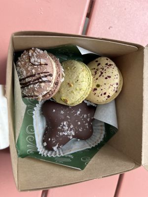 Caramel, pistachios, passion fruit macarons and the chocolate pecan turtle   at Confectionery! in New York City