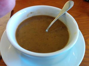 French lentil vegetable soup; perfectly seasoned deliciousness at Shangri-La Vegan - Telegraph in Oakland