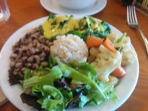 Full plate; substituted black-eyed peas for the pinto beans. at Shangri-La Vegan - Telegraph in Oakland
