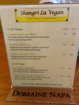 Drink menu, CCOF wines at Shangri-La Vegan - Telegraph in Oakland
