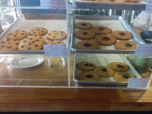 Cookie dessert case. Chocolate chip cookies. at Shangri-La Vegan - Telegraph in Oakland